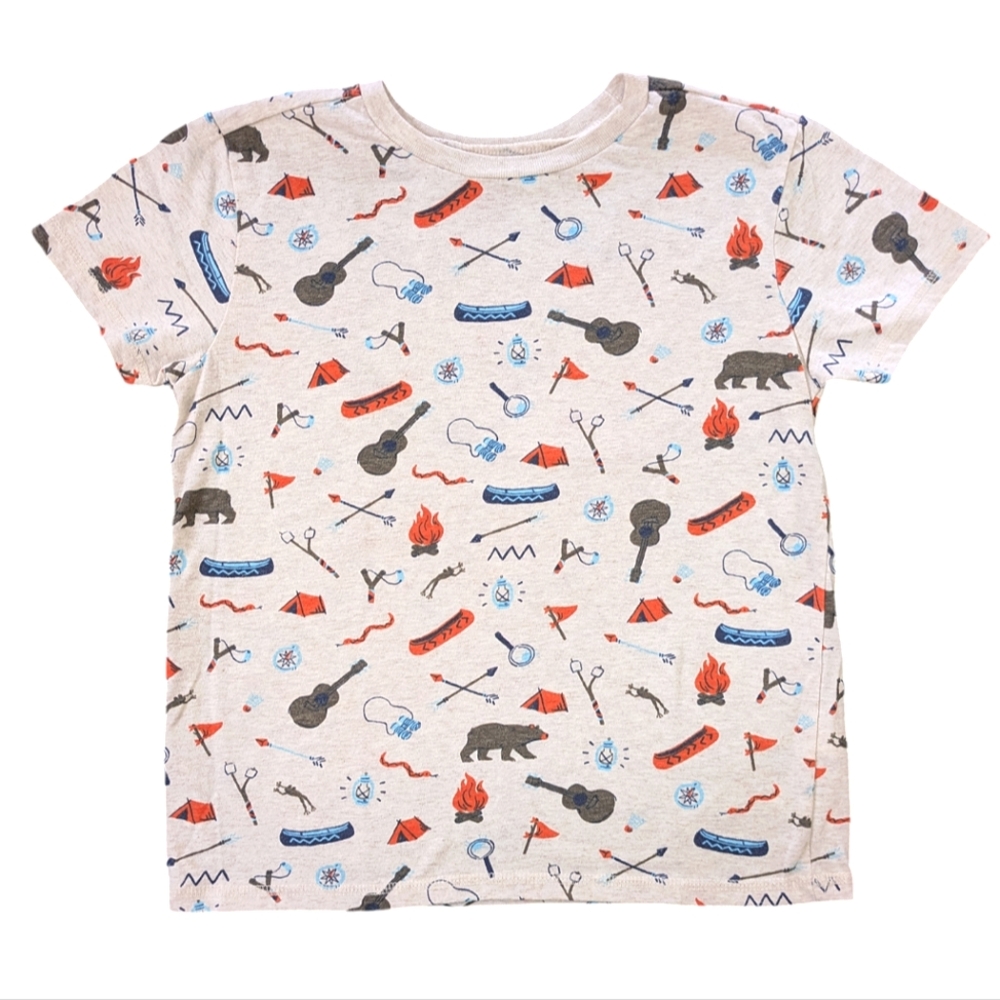 Hatley oatmeal-colored tee with all-over camping print